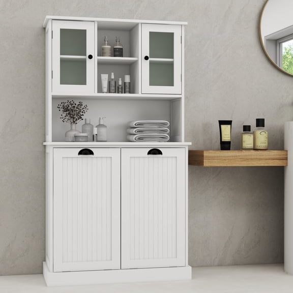Tall Bathroom Cabinet With Laundry Basket, Tilt-Out Laundry Hamper With Upper Storage Cabinet And 2 Adjustable Shelves For Laundry Room Bathroom