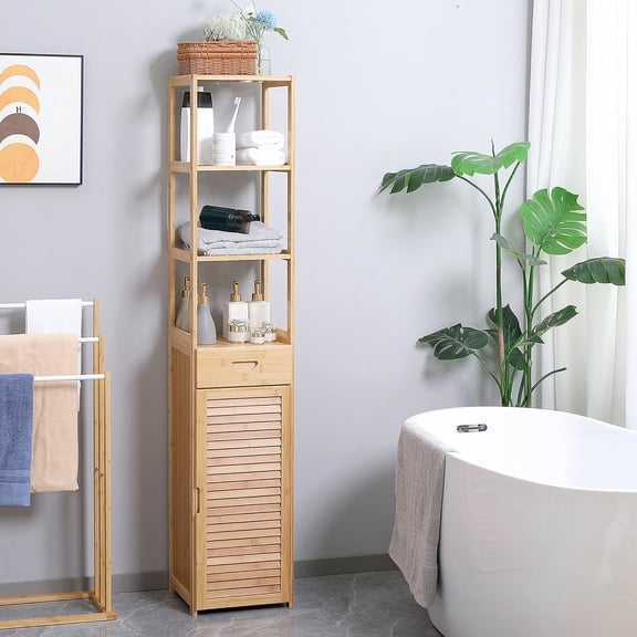 Tall Bathroom Cabinet with Drawer and Slatted Shelves Slim Bamboo Linen Tower Freestanding Towel Tan Farmhouse Wood Finish
