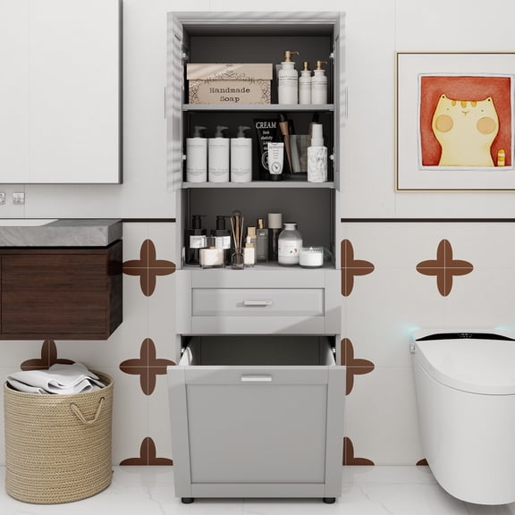 Tall Bathroom Cabinet with Laundry Basket, Large Storage Space Tilt-Out Laundry Hamper and Upper Storage Cabinet, Grey