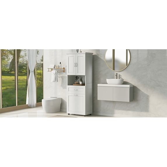 Tall Bathroom Cabinet with Laundry Basket, Large Storage Space Tilt-Out Laundry Hamper and Upper Storage Cabinet, White