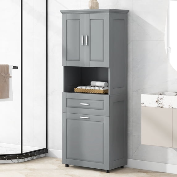 Tall Bathroom Cabinet with Laundry Basket, Large Storage Space Tilt-Out Laundry Hamper and Upper Storage Cabinet