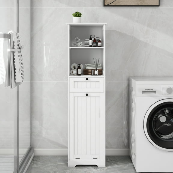 Tall Bathroom Cabinet with Tilt-Out Laundry Basket, Bathroom Corner Floor Cabinet with Drawer and Top Shelves, Large Laundry Cupboard Cabinet
