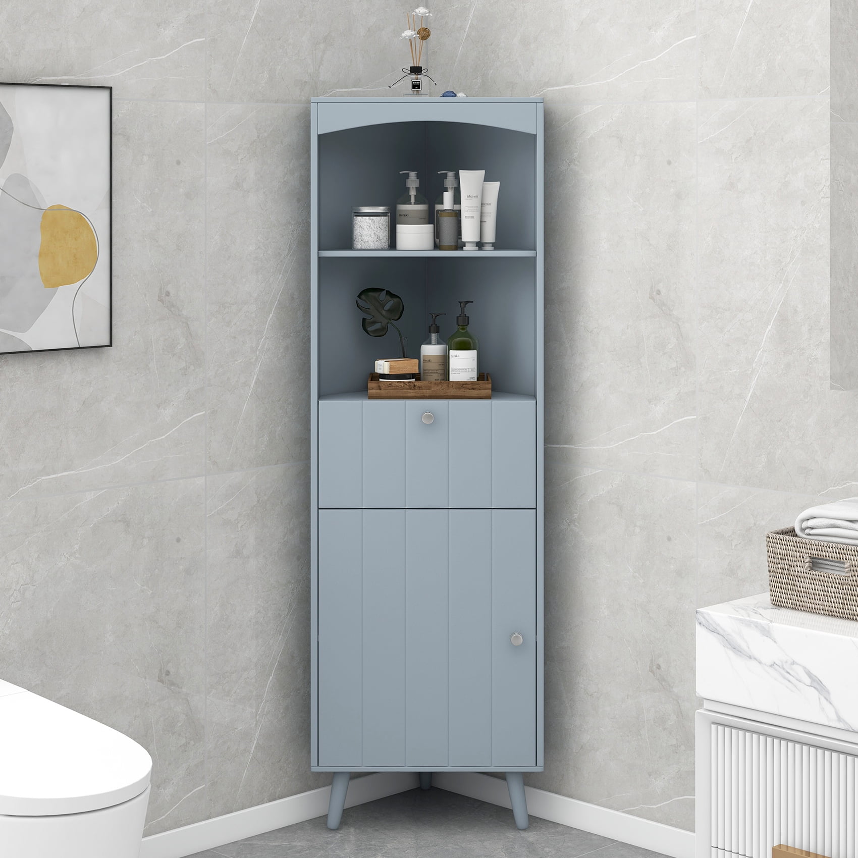 Tall Bathroom Corner with Drawer, Corner Bathroom Storage