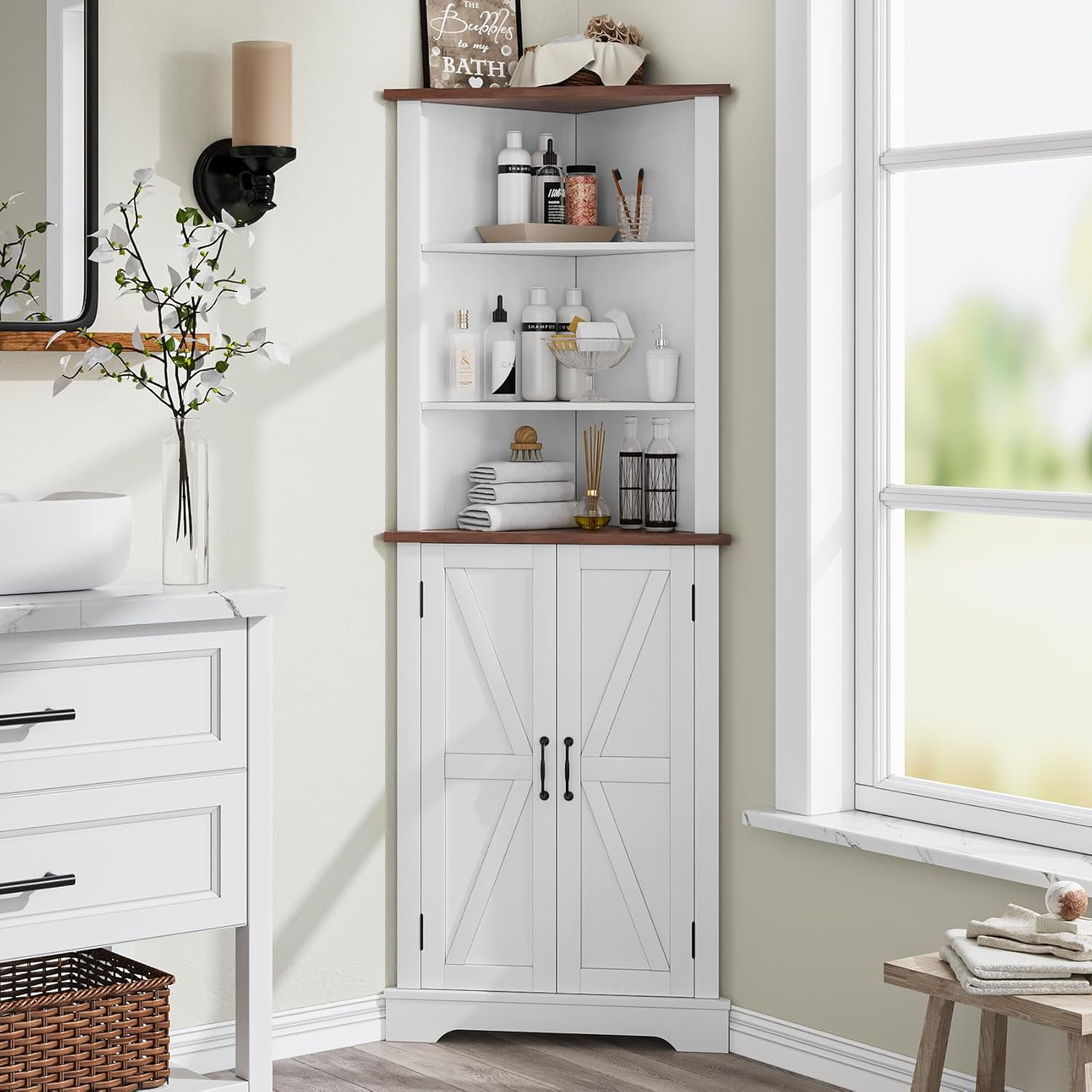 Tall Bathroom Corner Cabinet,Farmhouse Floor Corner Cabinet with Doors ...