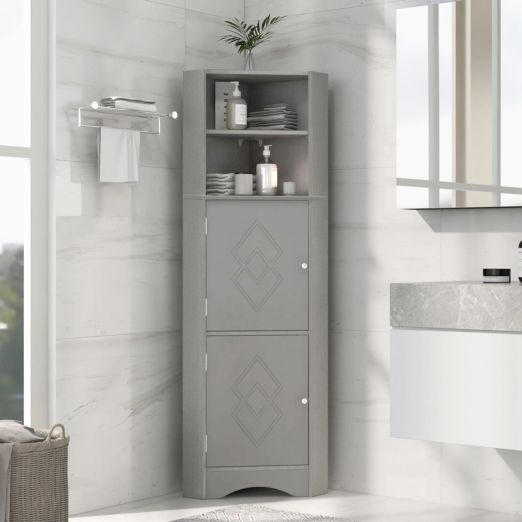 Tall Bathroom Corner Cabinet Corner Bathroom Storage Cabinet with Doors and Adjustable Shelves Slim Bathroom Floor Corner Cabinet for Kitchen Bathroom Living Room Gray Walmart