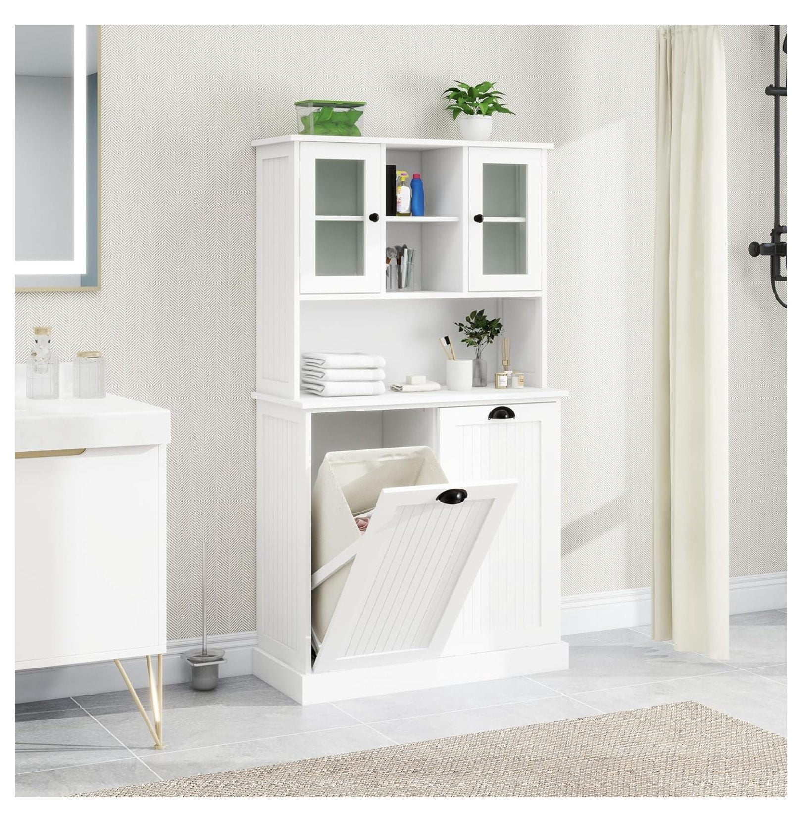 Tall Bathroom Laundry Cabinet with Tilt Out Laundry Hamper, Laundry ...