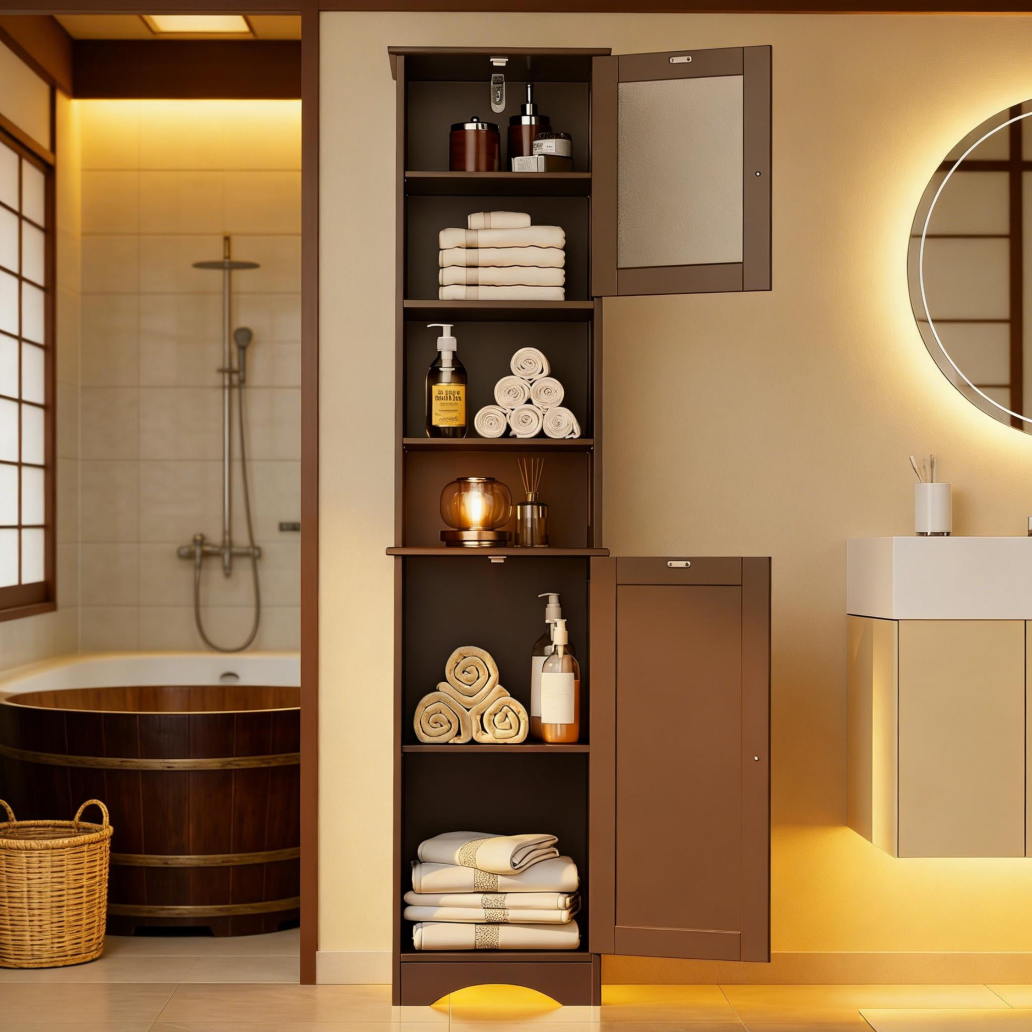 Tall Bathroom Storage Tower, 67.1" Bathroom Cabinet with Adjustable Shelves and Open Shelves for Bathroom, Living Room, Brown