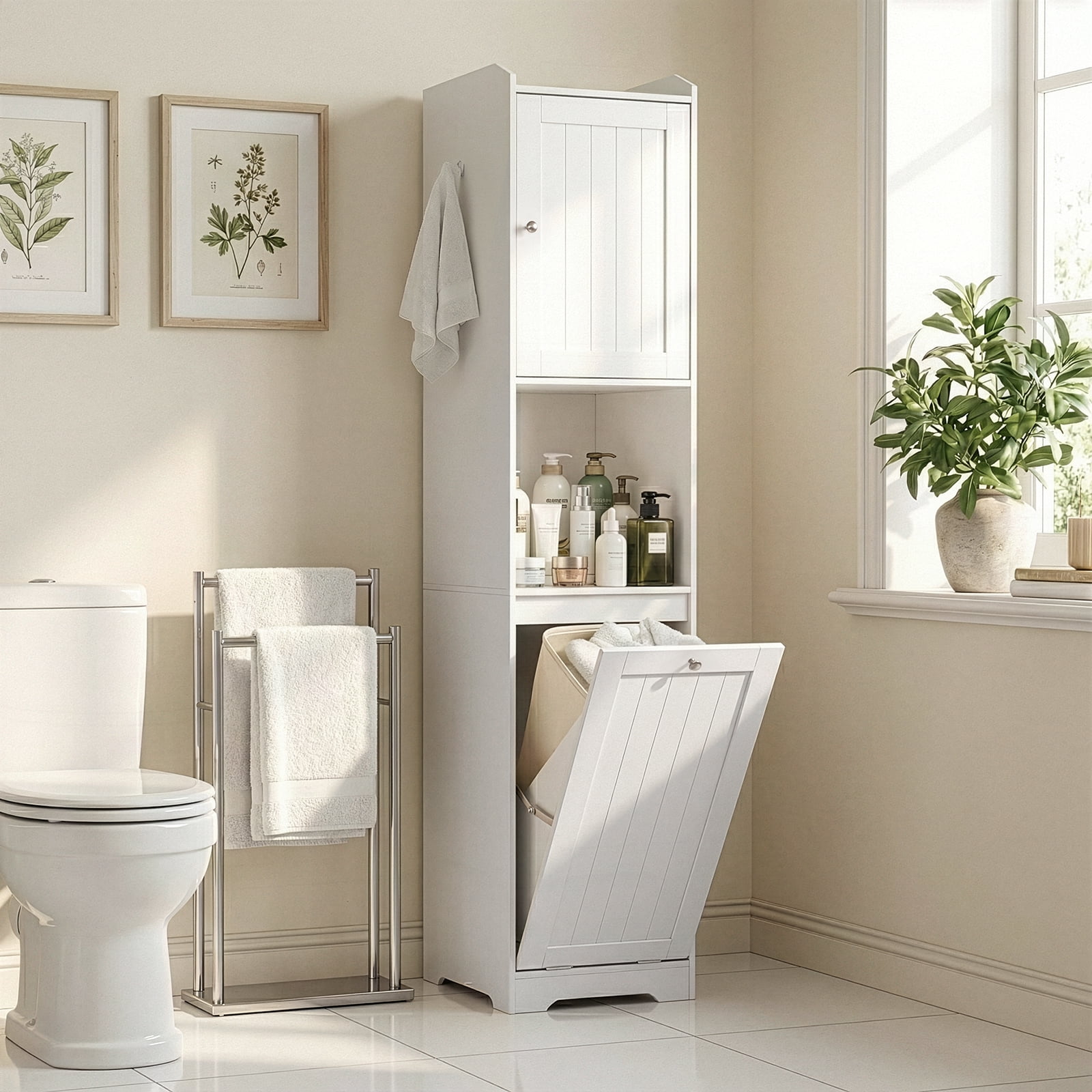 Tall Bathroom Storage Cabinet 180cm Vertical Cabinet White Melamine Laminate Particleboard with Flip-Down Door Non-Woven Fabric Organizer for Bathroom Laundry Room Hallway