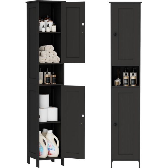 Tall Bathroom Storage Cabinet with 2 Doors, Slim Freestanding Linen Tower with Adjustable Shelves, Narrow Vertical Organizer for Bathroom, Laundry Room and Small Spaces, Black