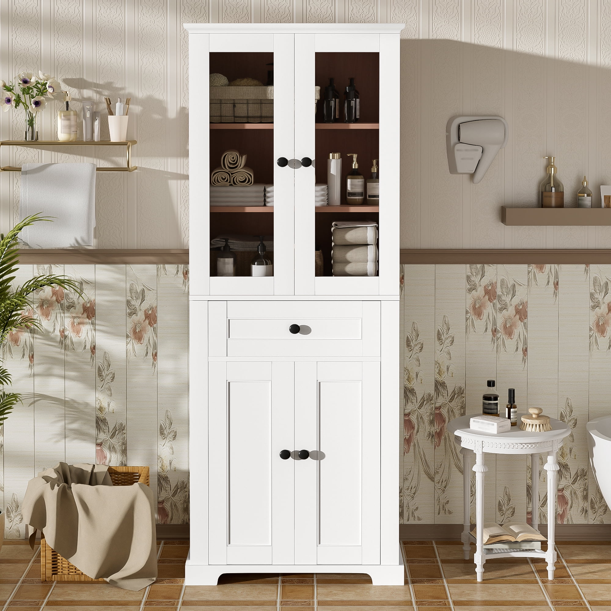 Tall Bathroom Storage Cabinet with 4 Tempered Glass Doors, Adjustable Shelves, Soft Close Drawer and Anti-Tip Kit, Freestanding Linen Tower, 67.2 Inch in White