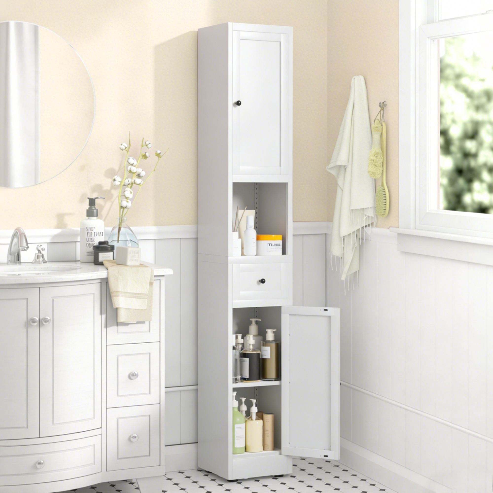 Tall Bathroom Storage Cabinet, 5-Tier Narrow Metal Cabinet with 2 Doors and Adjustable Shelves, 71 in Freestanding Space-Saving Organizer for Kitchen, Laundry Room, Pantry