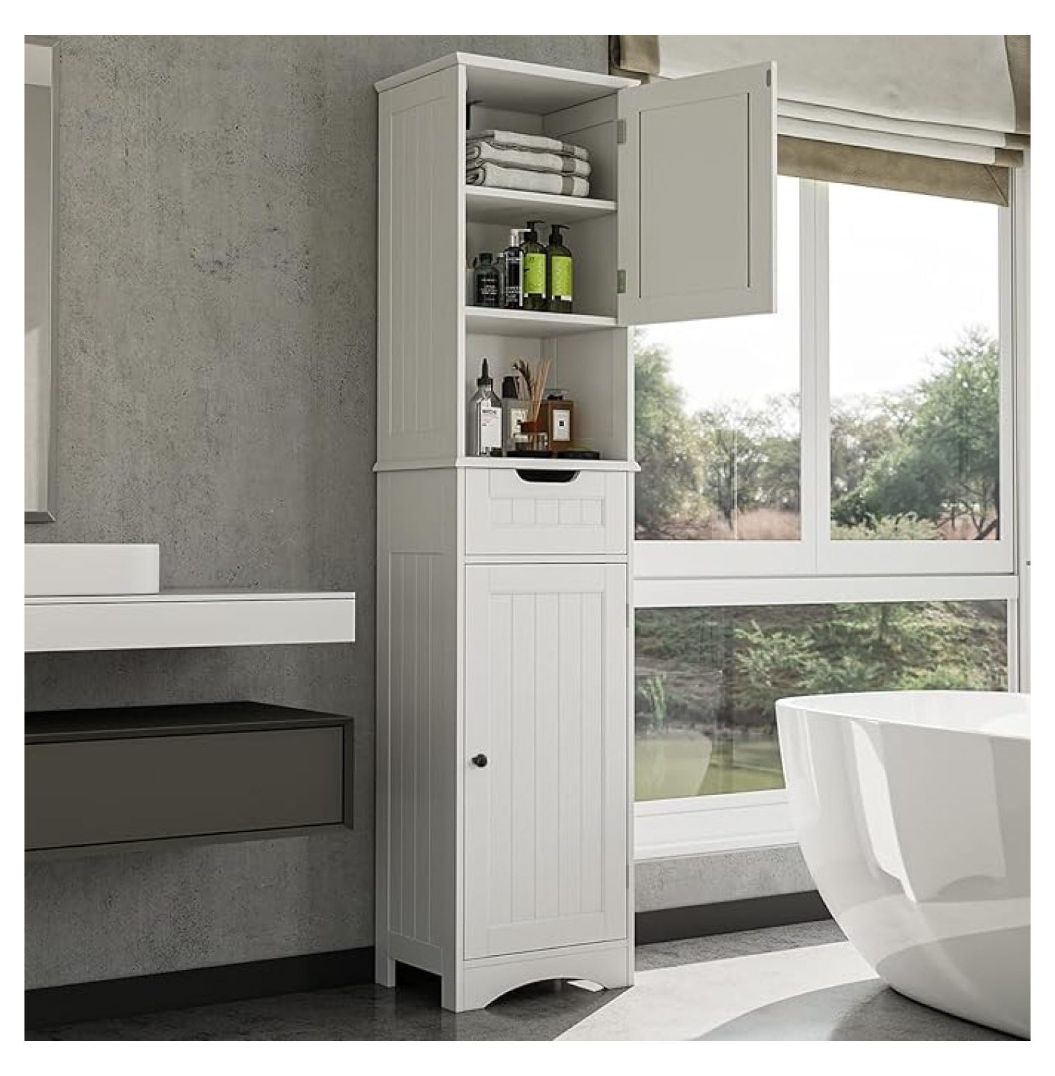 Tall Bathroom Storage Cabinet - 67" Linen Tower, Adjustable Shelves ...