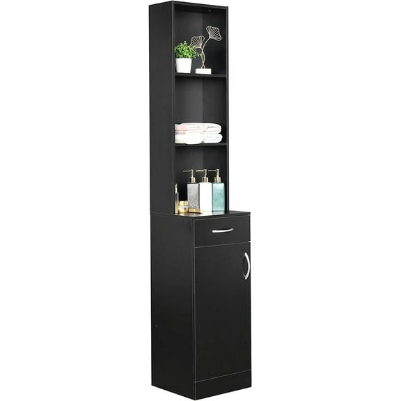 Tall Bathroom Storage Cabinet, 70" Bathroom Cabinets Freestanding, Slim Linen Cabinet with 3 Tier Open Shelves and Drawer, Narrow Linen Tower for Living Room, Laundry Room, Black