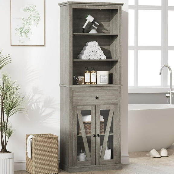 Tall Bathroom Storage Cabinet,Bookcase with Adjustable Shelves, Farmhouse Cabinet for Living Room, Bathroom, Grey