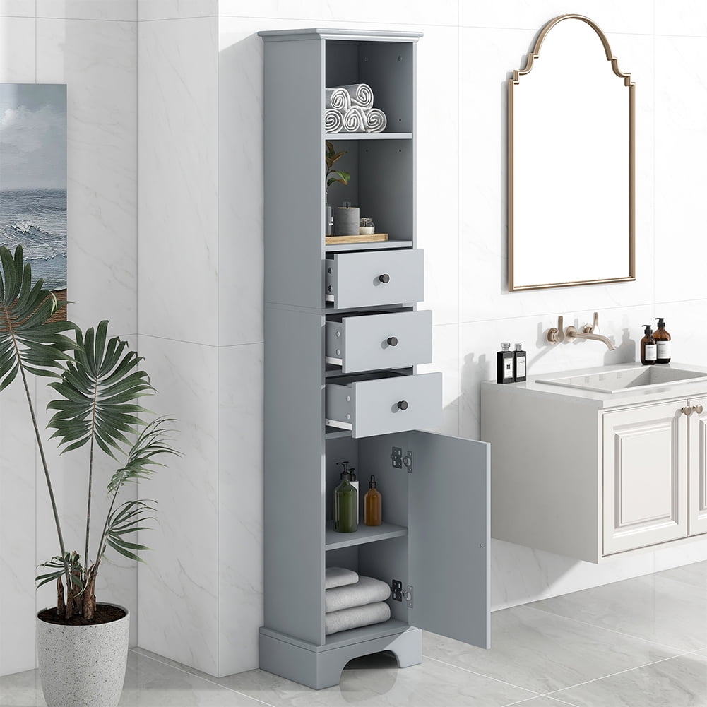 Tall Bathroom Storage Cabinet, Storage Cabinet with 3 Drawers, 2 Open Storage Shelves & 1 Door ...