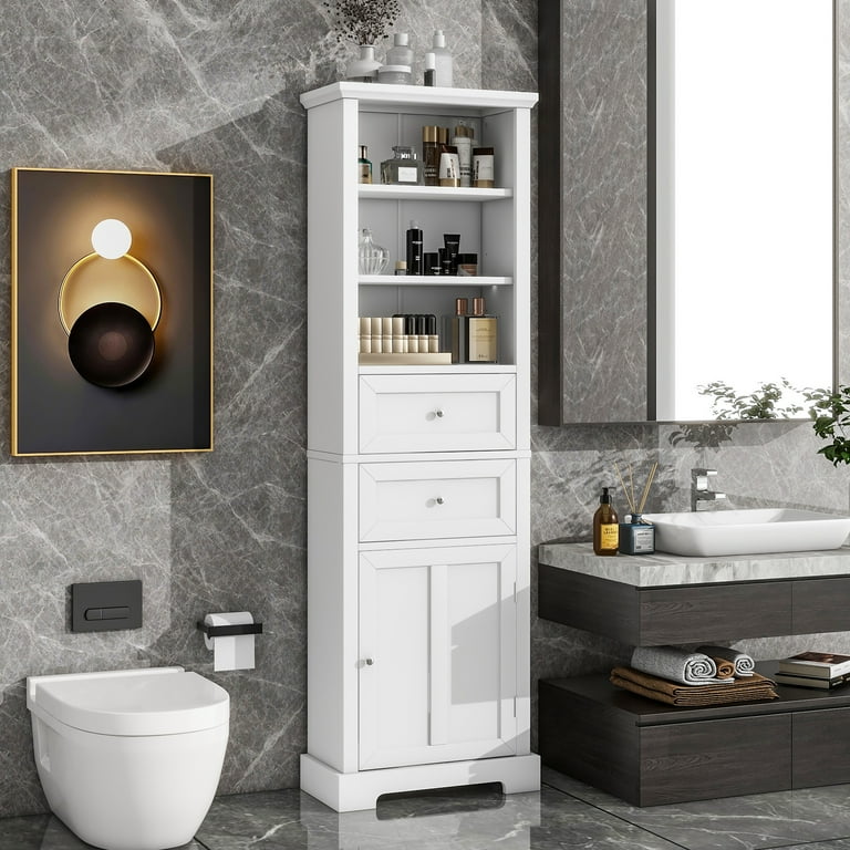 Tall Bathroom Storage Cabinet Cabinet with One Door and Two Drawers Freestanding Storage Adjustable Shelf MDF Board White