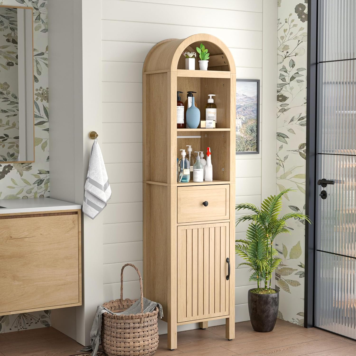 Tall Bathroom Storage Cabinet with Fluted Doors and Drawers,64" Narrow ...