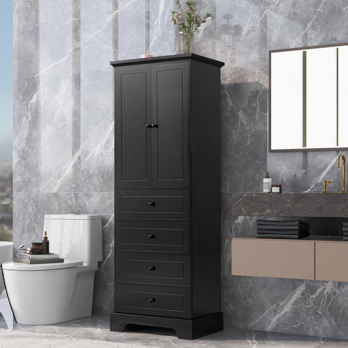 Tall Bathroom Storage Cabinet Freestanding Storage Cabinet with 2 Doors and 4 Drawers Metal Floor Storage Accent Cabinet with Adjustable Shelf for