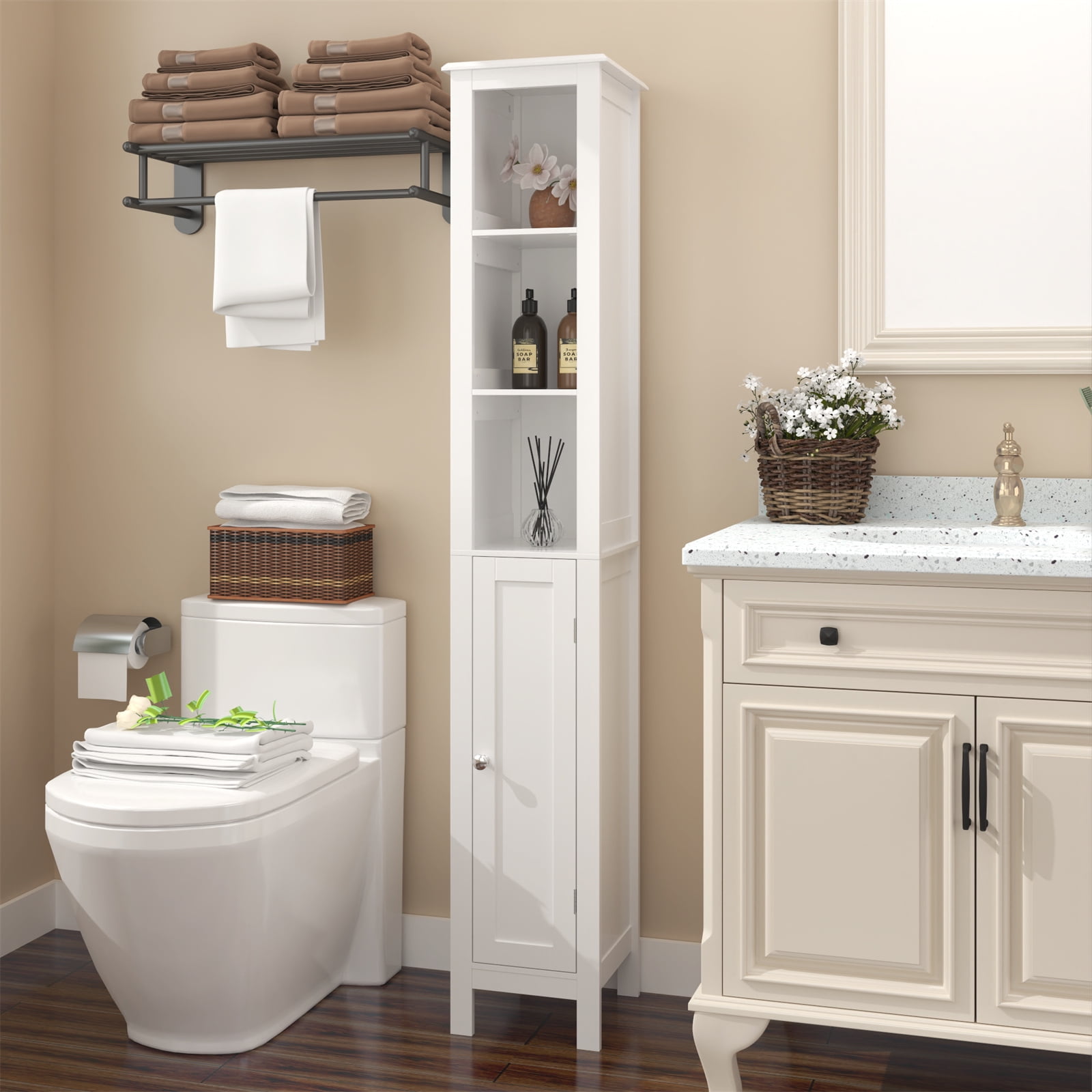 Tall Bathroom Storage Cabinet, Freestanding Cabinet with Adjustable ...