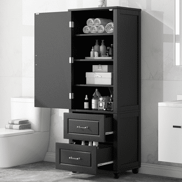 Tall Bathroom Storage Cabinet, Freestanding Cabinet with 2 Drawers, Adjustable Shelf
