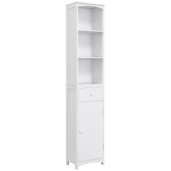 Tall Bathroom Storage Cabinet, Freestanding Linen Tower with 3 Shelves & Drawer, White
