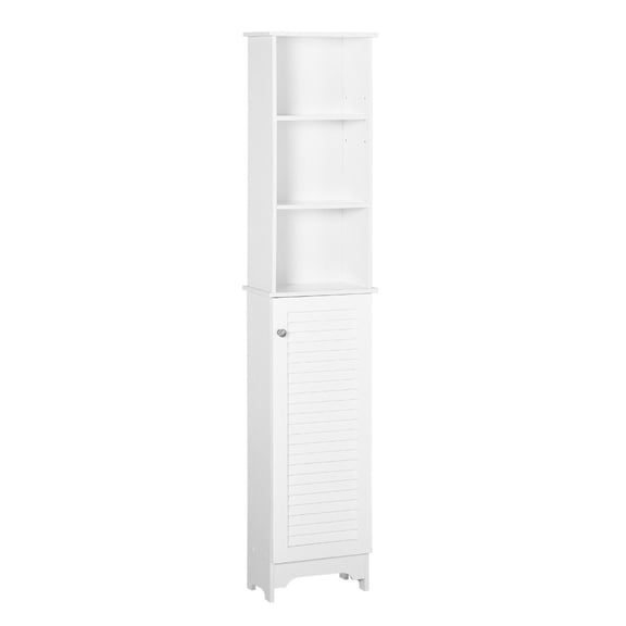 Tall Bathroom Storage Cabinet/Freestanding Linen Tower with 3-Tier Open Adjustable Shelf and Cupboard, White