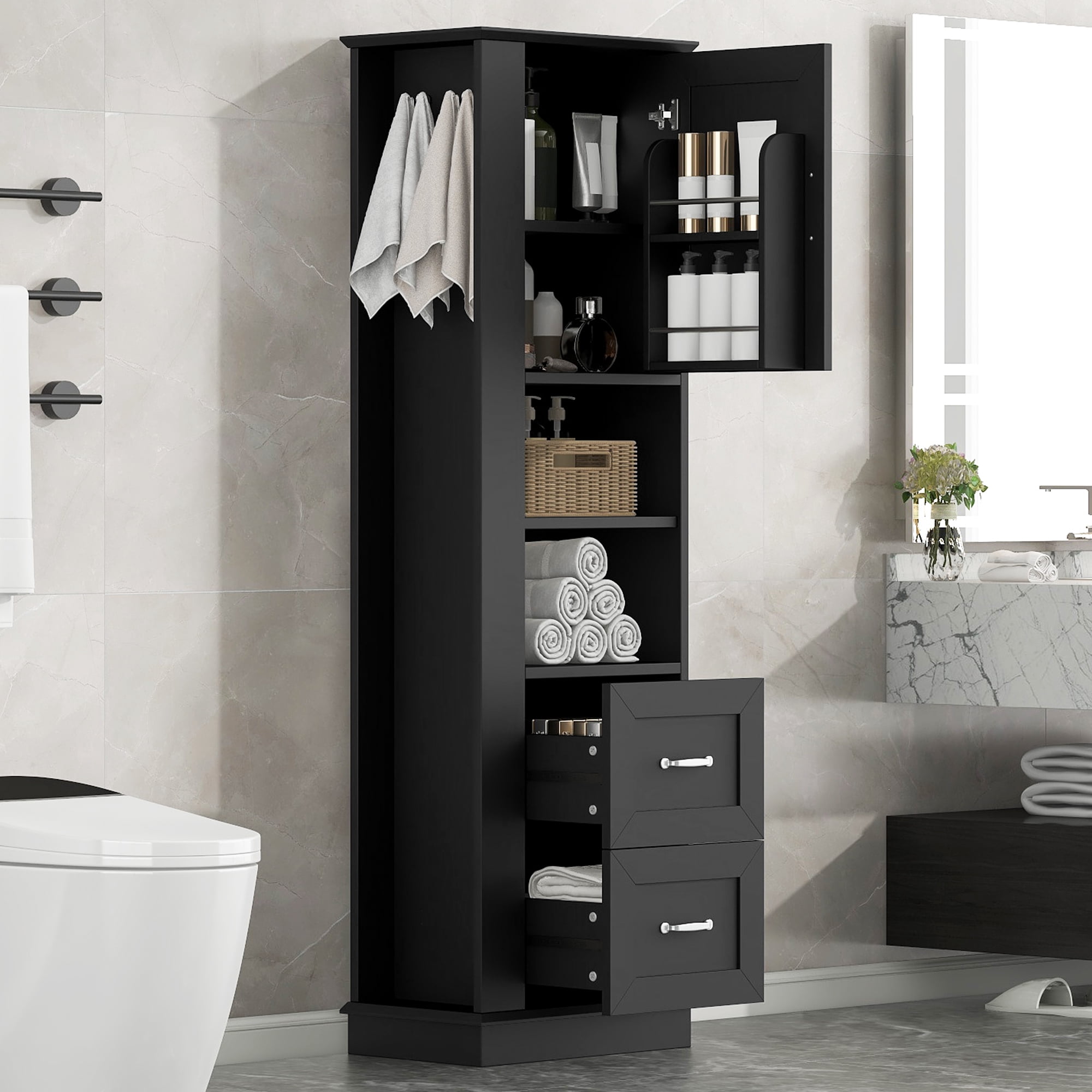 Tall Bathroom Storage Cabinet, Freestanding Storage Cabinet with Hook and Adjustable Shelf, MDF Board, Black, Upper Door Cabinet with Built-in Shelf and Lower Two Drawers