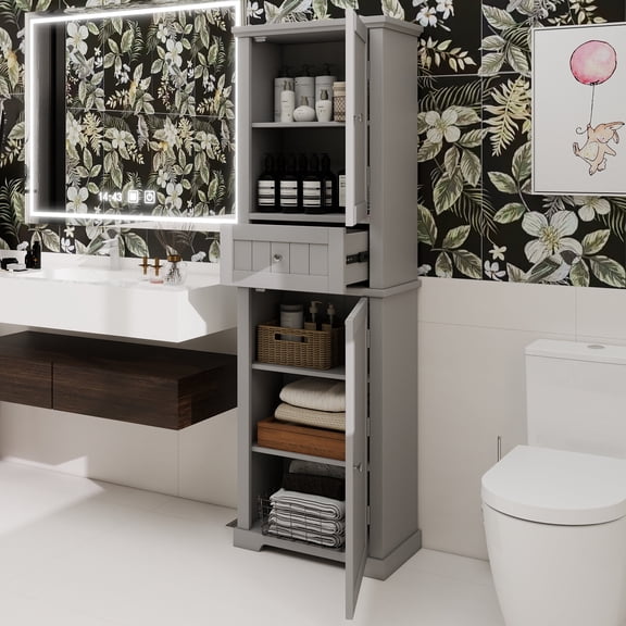 Tall Bathroom Storage Cabinet, Freestanding Storage Cabinet with Drawer and Adjustable Shelf, MDF Board with Painted Finish, Gray