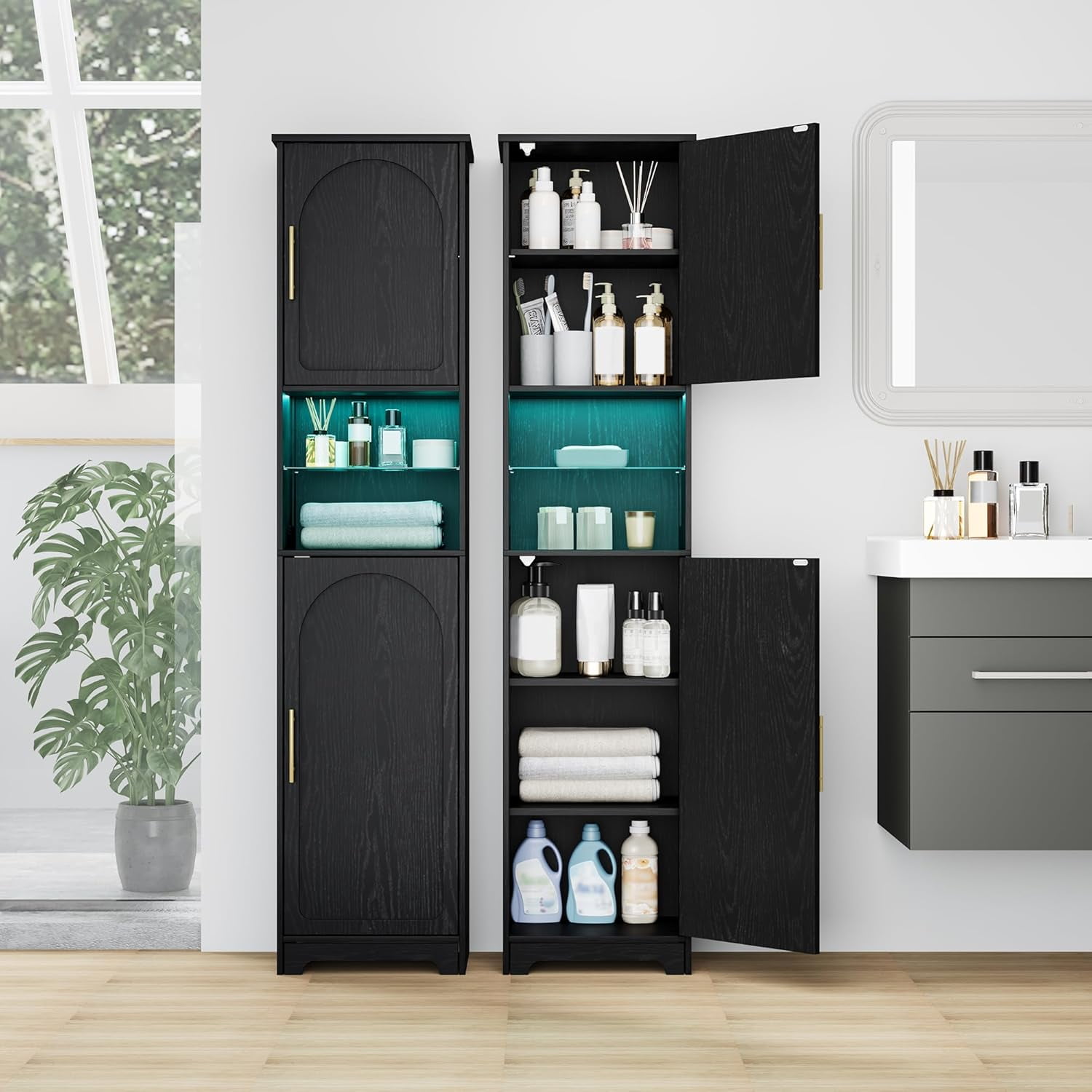 Tall Bathroom Storage Cabinet with LED Lights, Bathroom Floor ...