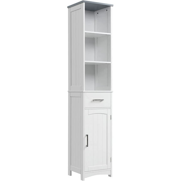 Tall Bathroom Storage Cabinet, Narrow Bathroom Cabinet with 3 Tier Shelving, Drawer and Adjustable Shelves, Slim Freestanding Linen Tower, White