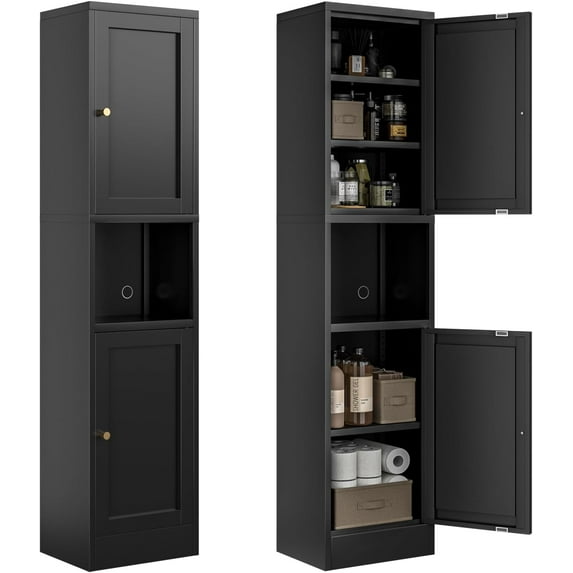 Tall Bathroom Storage Cabinet,Narrow Metal Cabinet with Open Compartment,Freestanding Floor Cabinet Adjustable Shelves for Small Spaces, Slim Kitchen Pantry,Living Room,Black