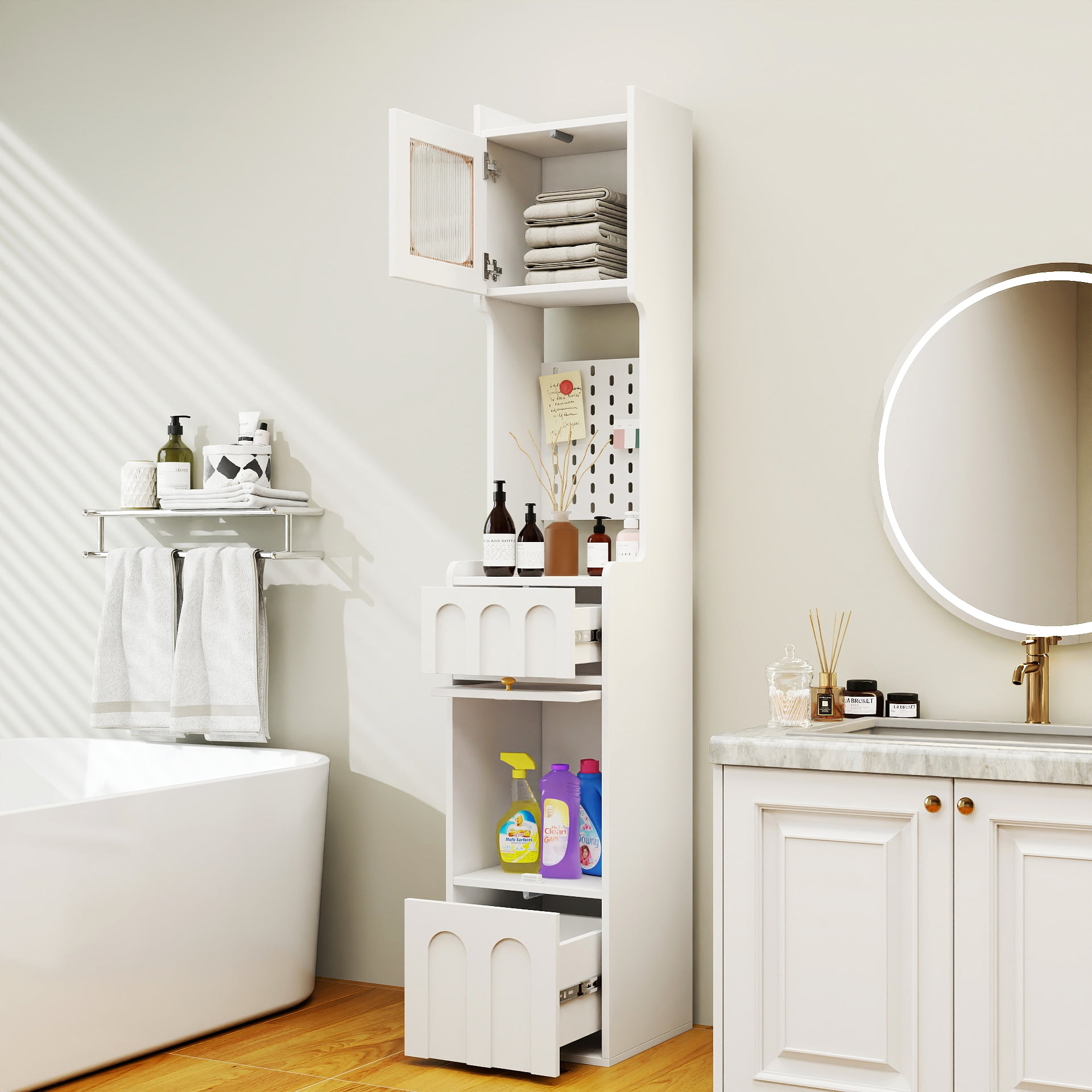 Tall Bathroom Storage Cabinet Narrow Unit with 2 Drawers Glass Door, White
