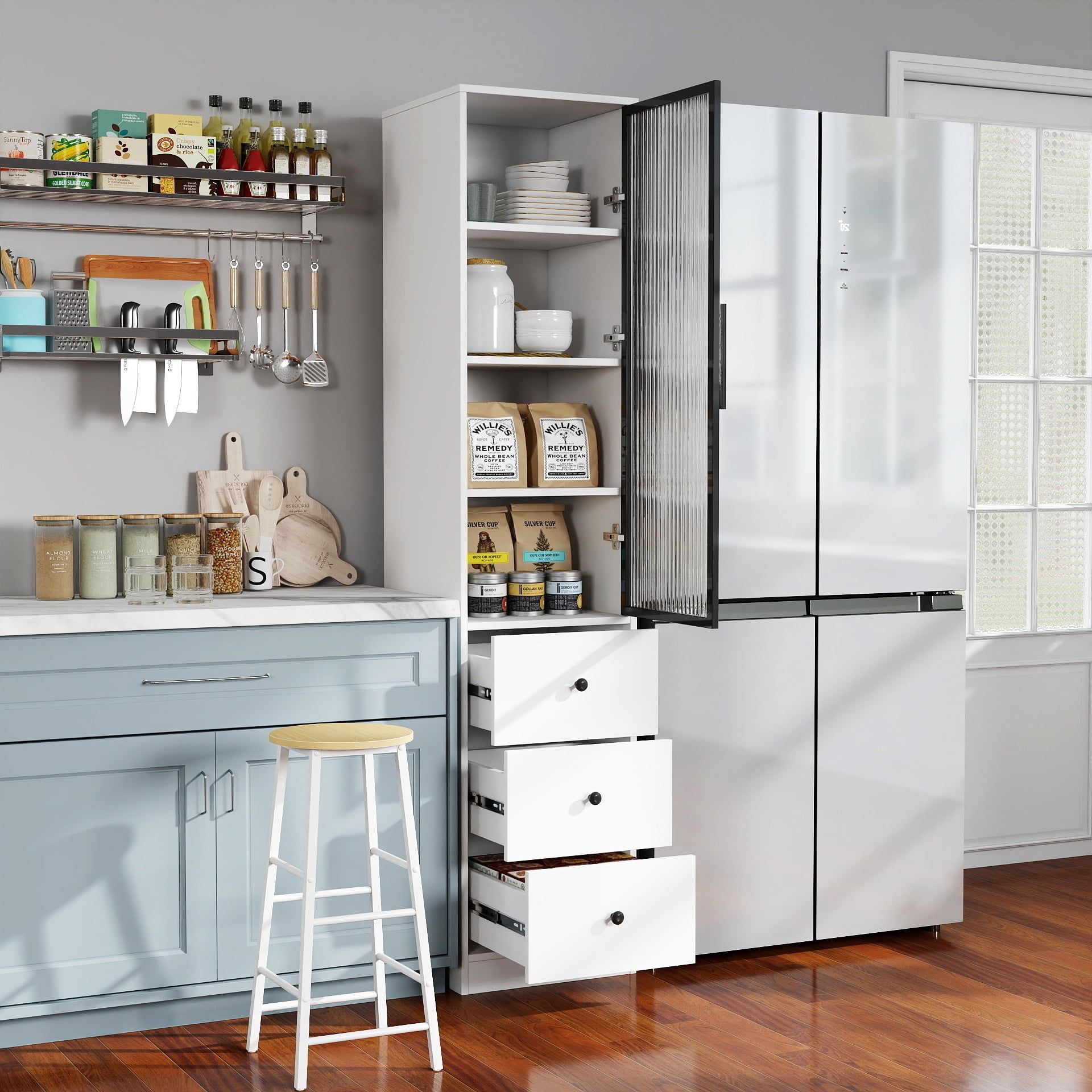 Tall Bathroom Storage Cabinet Narrow Unit with Glass Door 3 Drawers, White