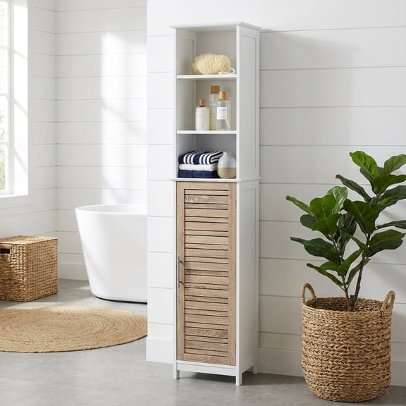 Tall Bathroom Storage Cabinet with Open Shelves and Vented Door, Slim Linen Cabinet for Compact Bathroom Organization, White and Oak Finish - Stockholm Collection