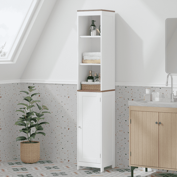 Tall Bathroom Storage Cabinet with Reversible Door, Freestanding Linen Tower with Open Shelves and Enclosed Cabinet, Narrow Floor Cabinet Organizer for Bathroom, Laundry Room or Small Spaces – White