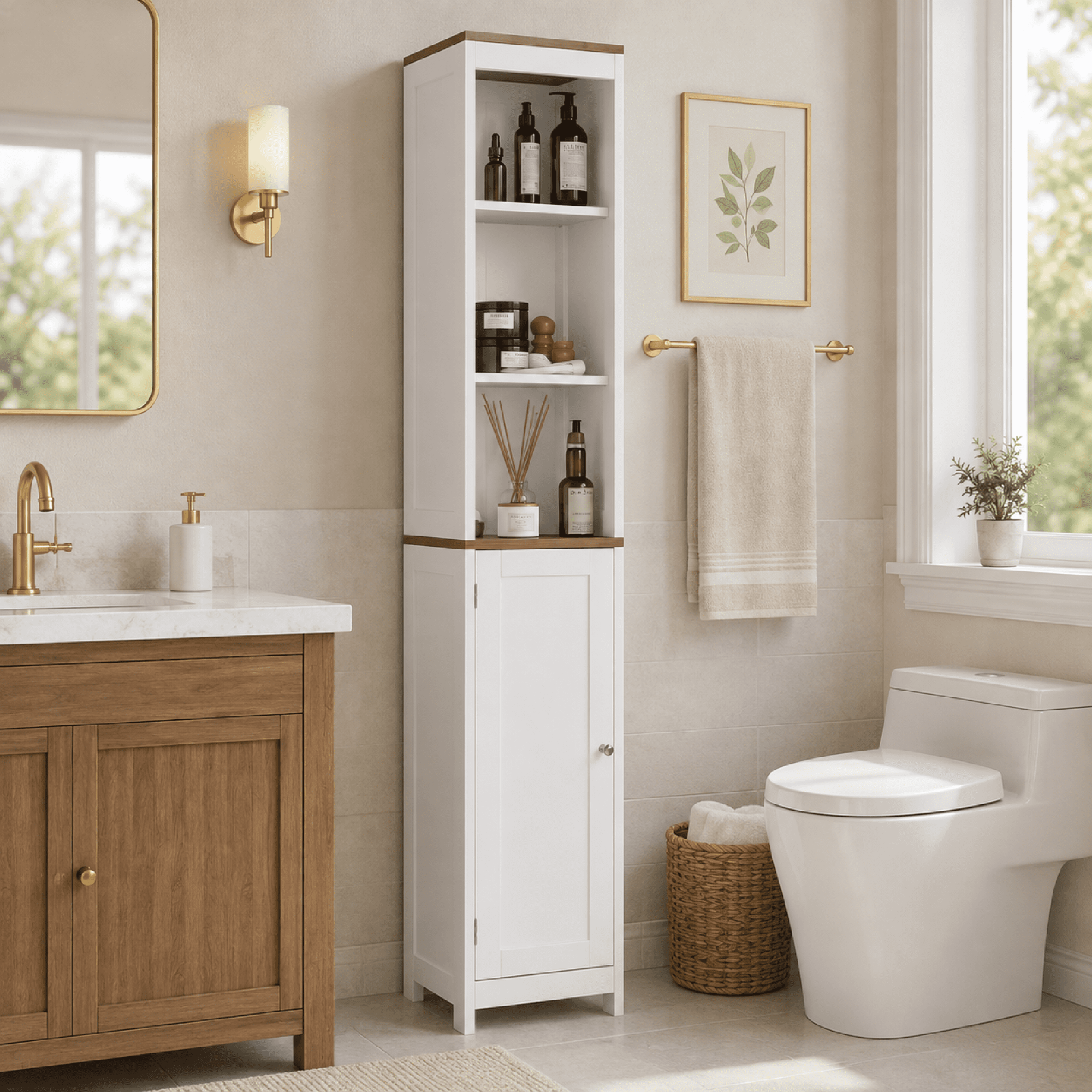 Tall Bathroom Storage Cabinet with Reversible Door, Freestanding Linen Tower with Open Shelves and Enclosed Cabinet, Narrow Floor Cabinet Organizer for Bathroom, Laundry Room or Small Spaces – White