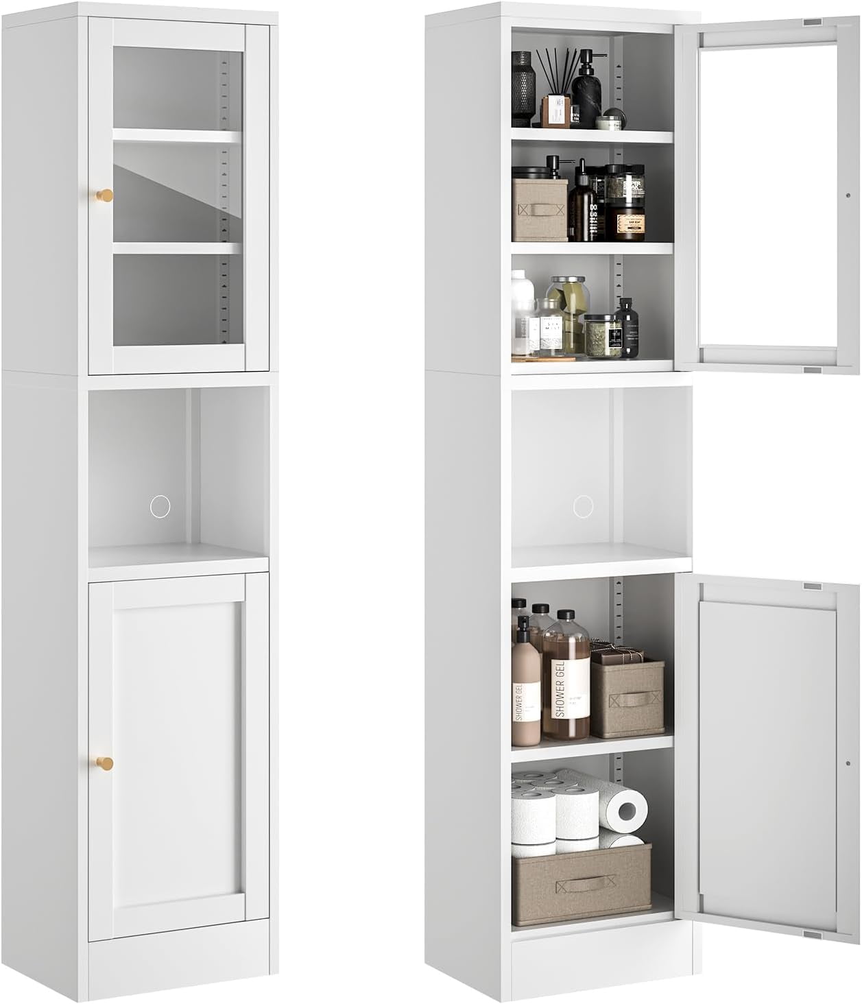 Tall Bathroom Storage Cabinet,Slim Metal Cabinet with Open Shelf, Glass ...