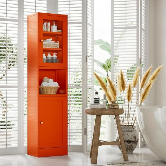 Elegant 67''H Tall Bathroom Storage Cabinet,Metal Cabinet with Glass Door,Freestanding Narrow Stroage Cabinets for Bathroom,Living Room,Orange