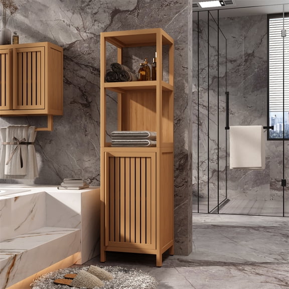 Tall Bathroom Storage Cabinet, Tower Corner Rack Floor Cabinet With Shutter Door And 3 Open Shelves, Multifunctional Floor Shelving Unit for Living Room