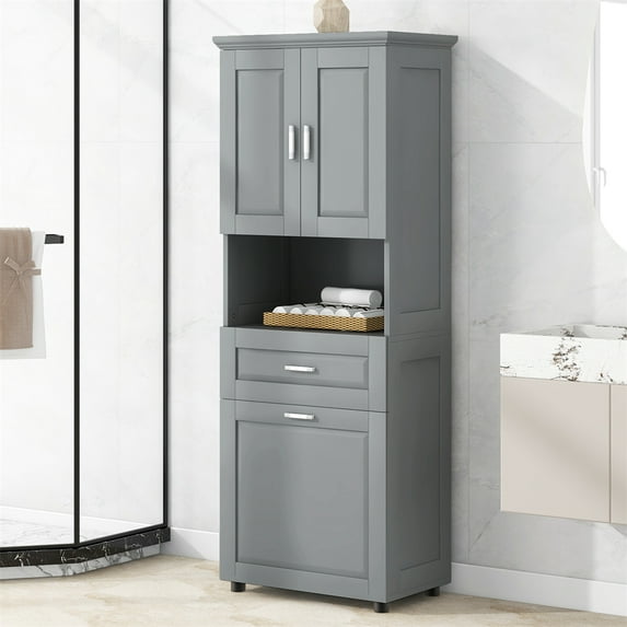 Tall Bathroom Storage Cabinet with 2 Doors & 1 Drawer, Narrow Storage Unit With Laundry Basket & Open Space, For Bathroom, Living Room, Laundry