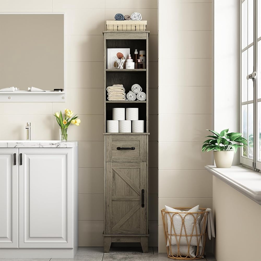 Tall Bathroom Storage Cabinet with Barn Door and Drawer, Narrow Freestanding Linen Cabinet for Bathroom, Gray