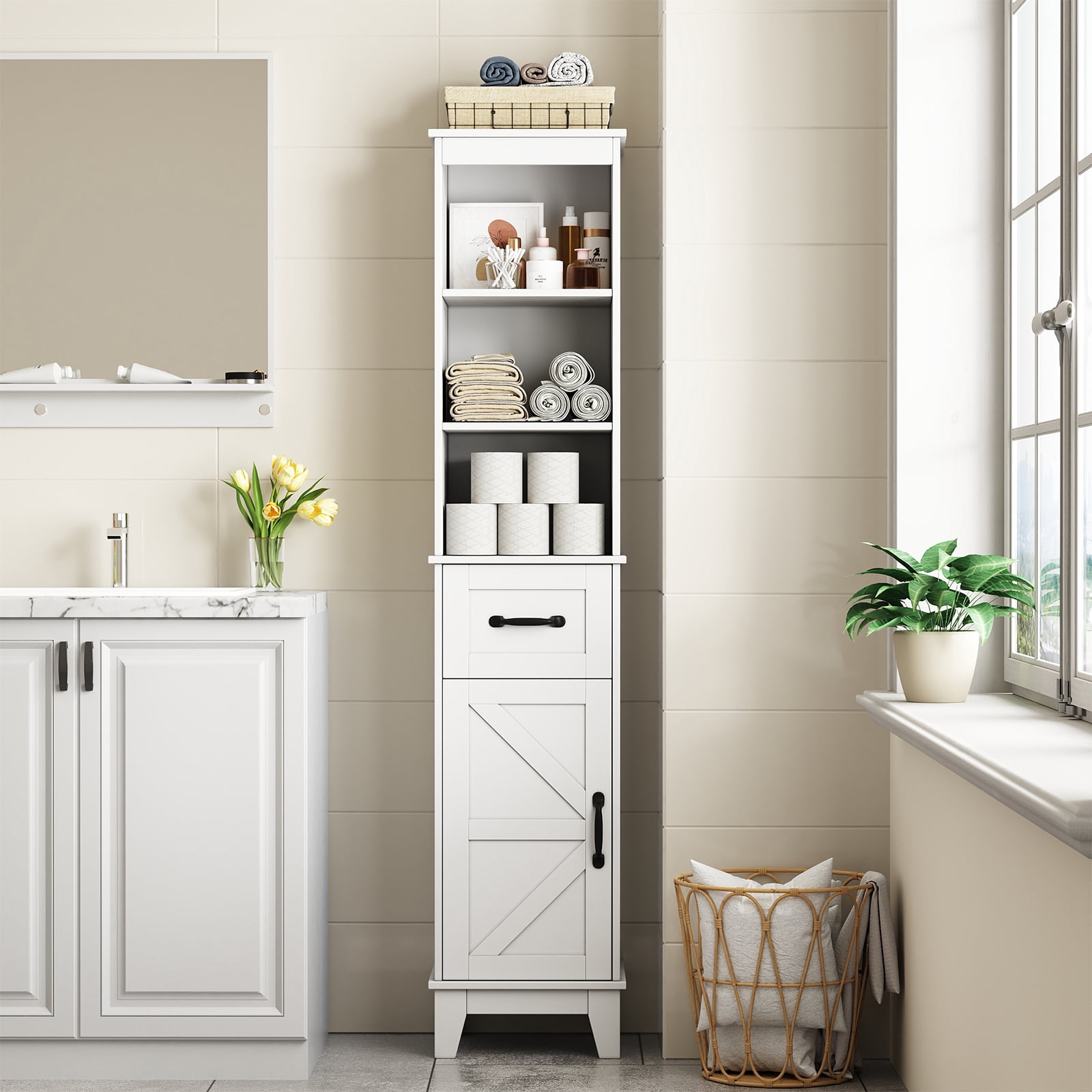 Tall Bathroom Storage Cabinet with Barn Door and Drawer, Narrow Freestanding Linen Cabinet for Bathroom, White