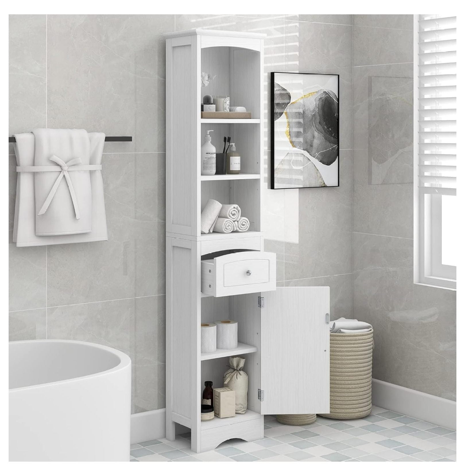 Tall Bathroom Storage with Doors, Drawer and Shelves, Storage