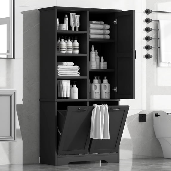 Tall Bathroom Storage Cabinet with Doors, Drawers and Tilt-Out Laundry Hamper
