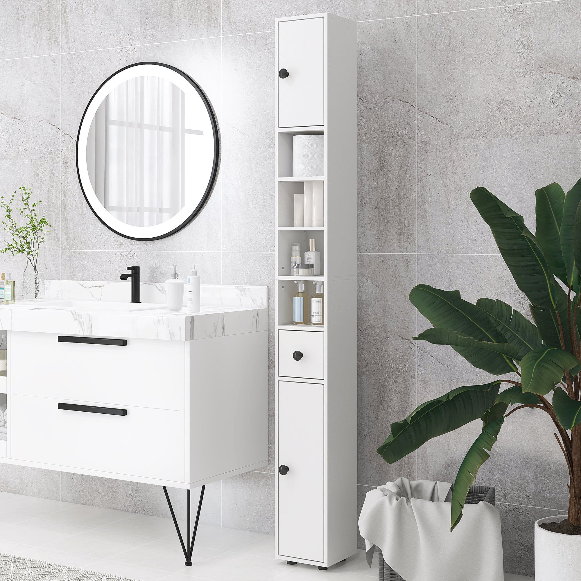 Tall Bathroom Storage Cabinet with Open Shelves & Cabinets, Adjustable Shelves, Anti-Tipping Design, Particle Board Organizer for Bathroom