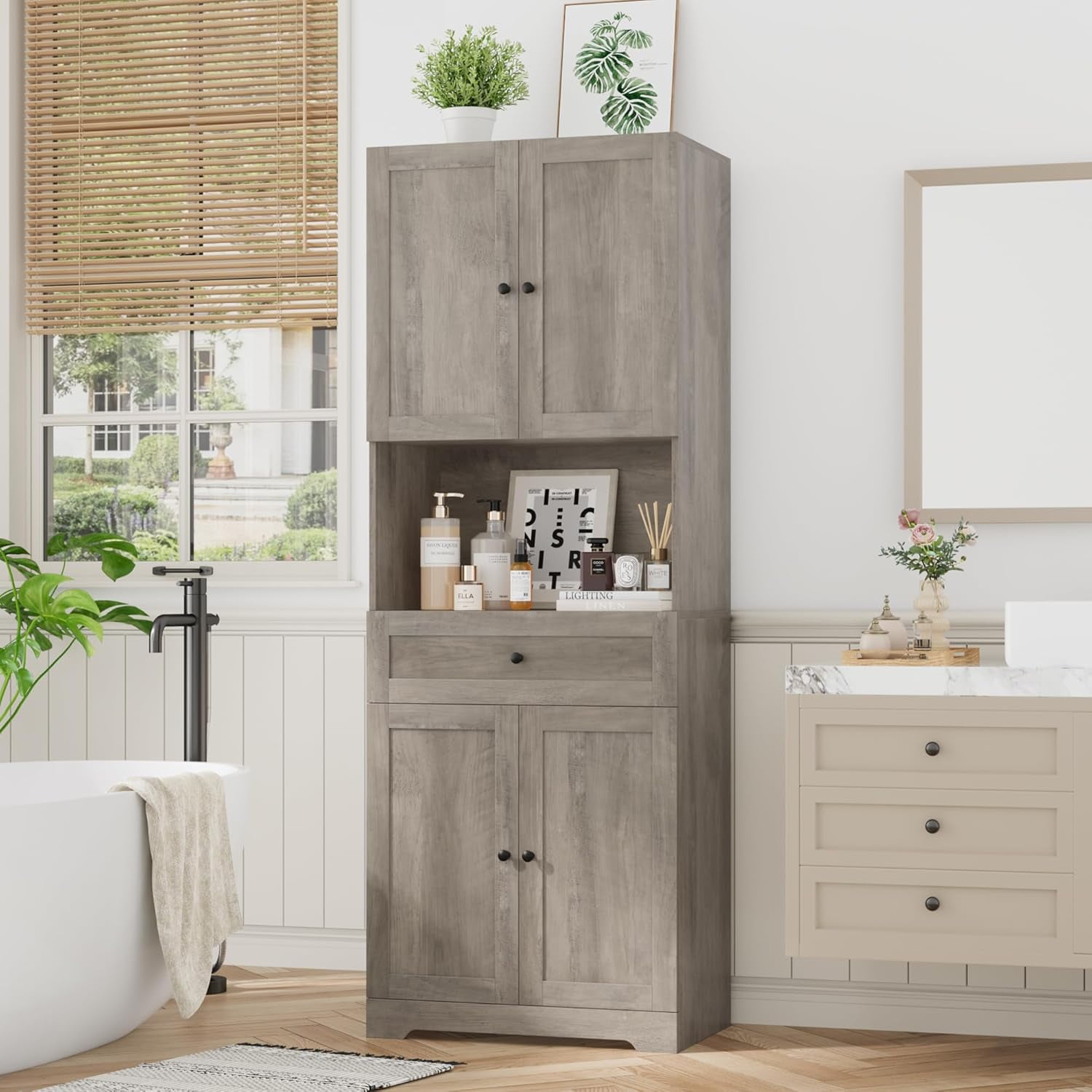 Tall Bathroom Storage Cabinets with 4 Doors & Shelves & Drawer, Modern ...