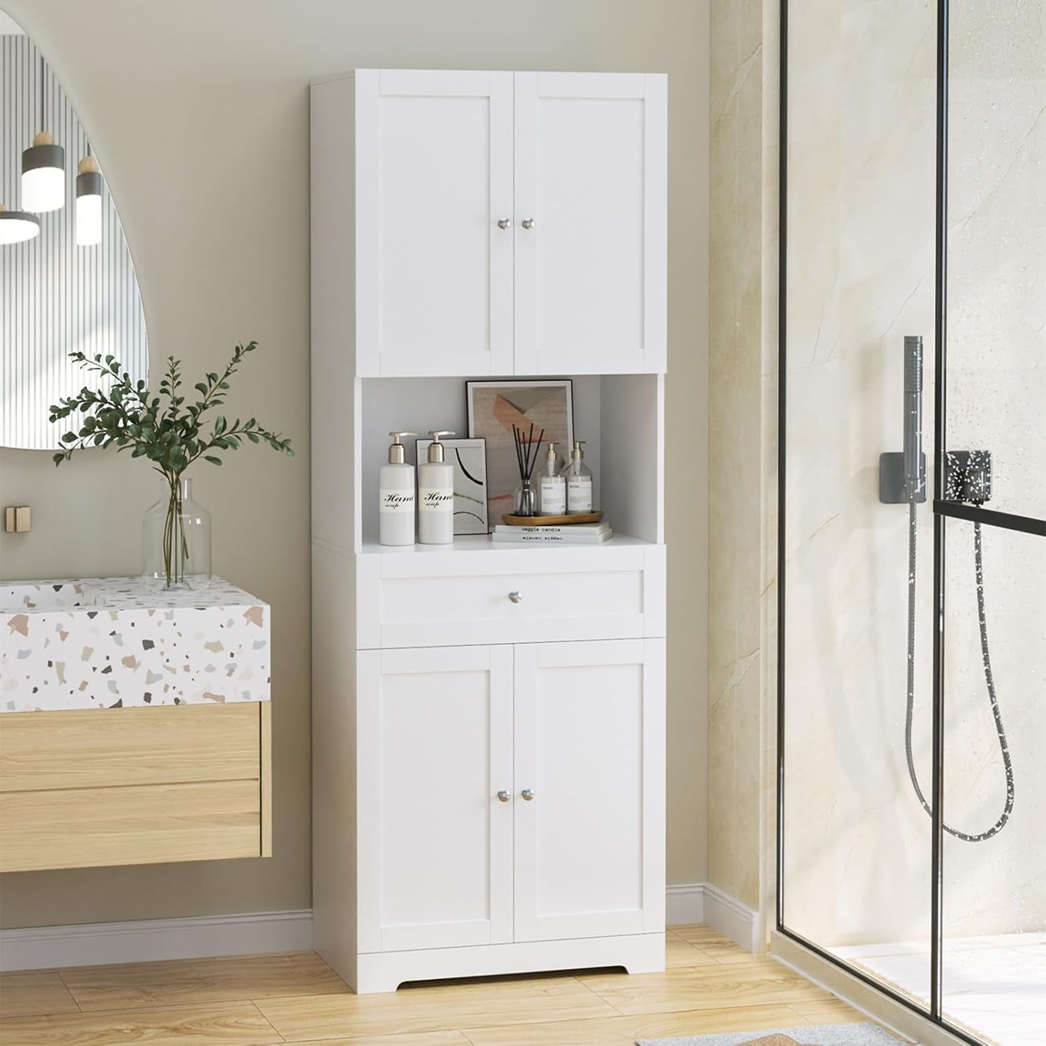 Tall Bathroom Storage Cabinets, Modern Linen Storage Cabinet with 4 ...