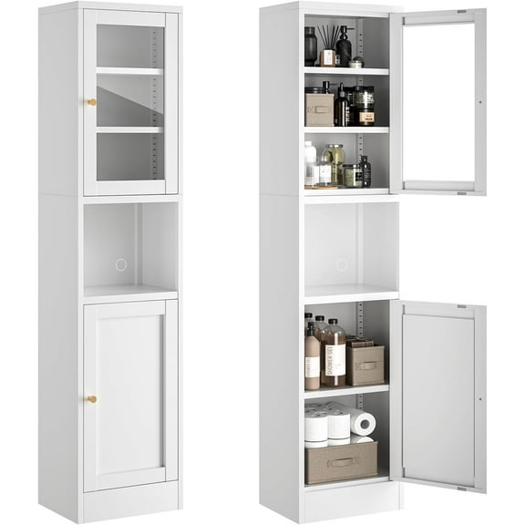 Tall Bathroom Storage Cabinets,Slim Metal Cabinet with Open Shelf, Glass Display Door Freestanding Narrow Storage Organizers for Small Spaces,White Skinny Cabinets for Pantry,Living Room