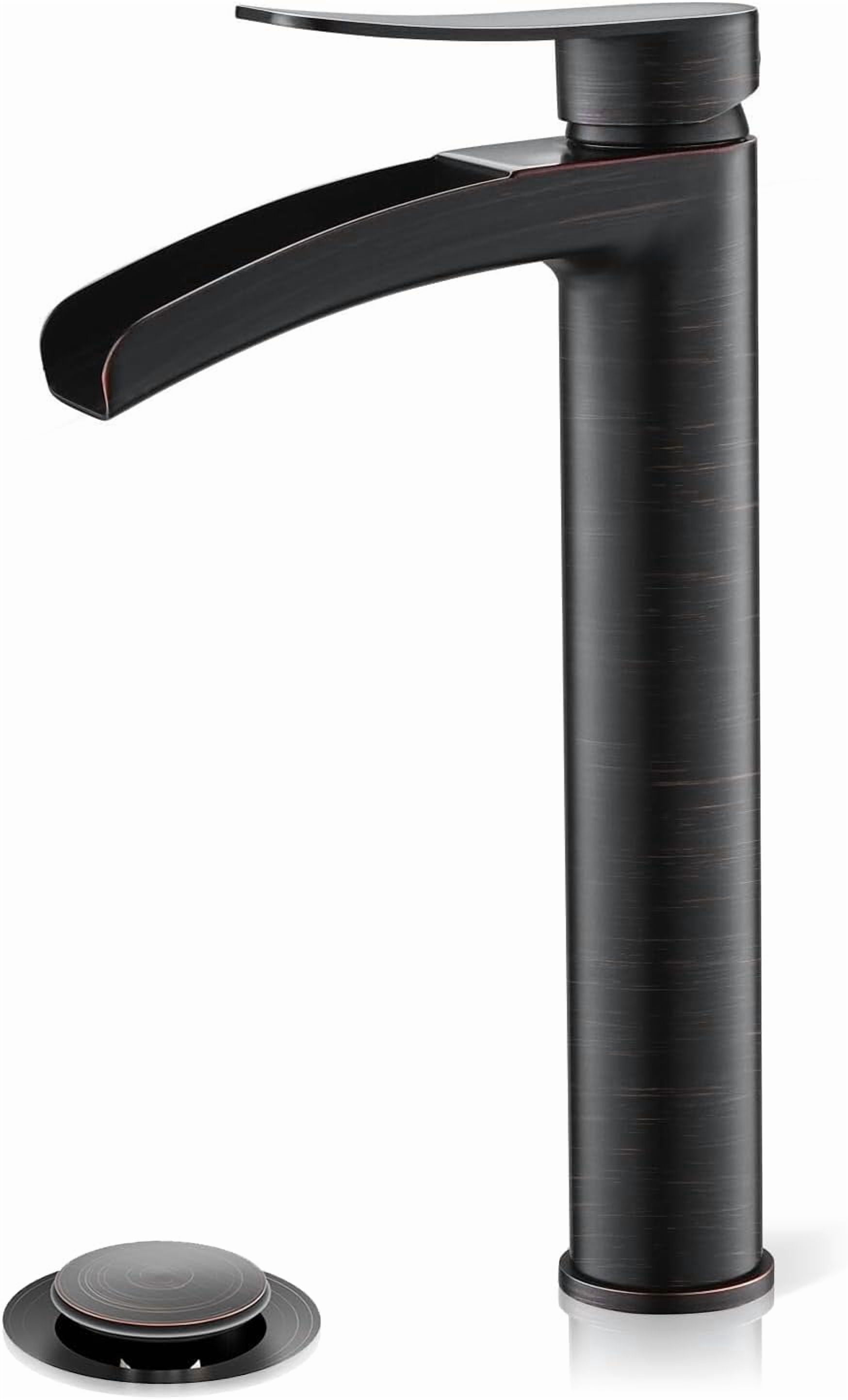 Tall Bathroom Vessel Sink Faucet, Single Hole Single Handle Waterfall Oil Rubbed Bronze Bathroom Faucet, with Metal Pop Up Drain and Water Supply Lines