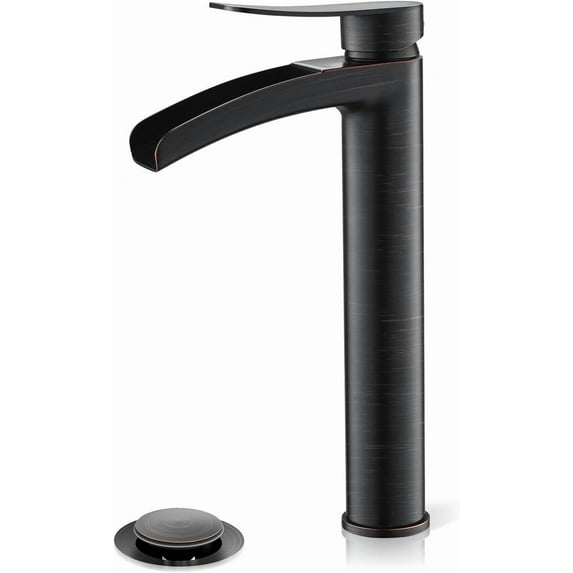 Tall Bathroom Vessel Sink Faucet, Single Hole Single Handle Waterfall Oil Rubbed Bronze Bathroom Faucet, with Metal Pop Up Drain and Water Supply Lines